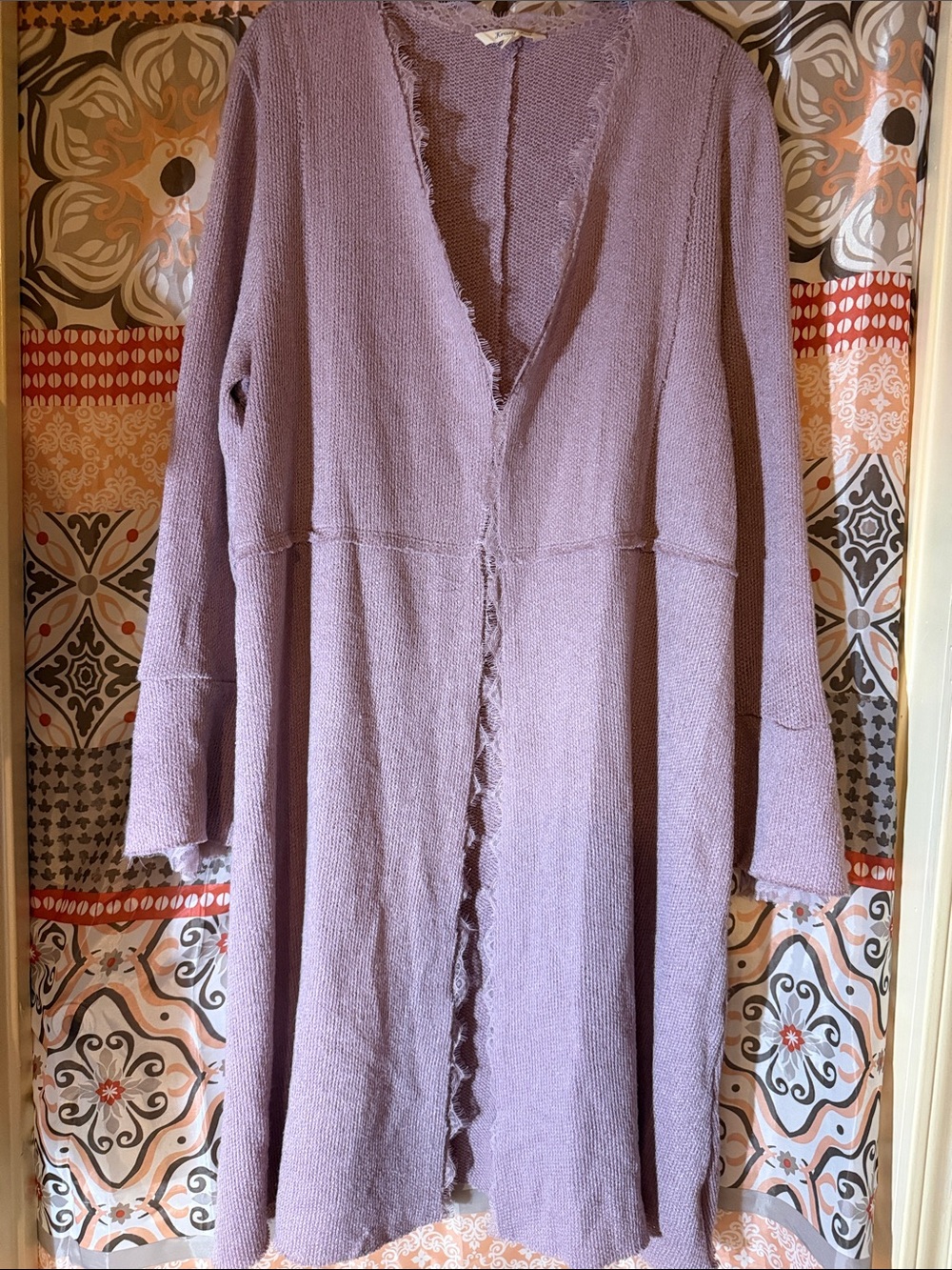 Krazy Kat Dusty Plum -  Duster/Long Cardigan Sweater w/ lace trim & bell cuffs - Picture 3 of 10